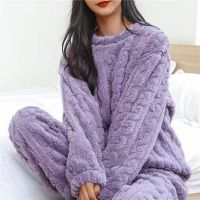 【LZ】❇  Conjunto de pijama de lã feminino calças fofas pijamas casuais noite com o pescoço calças de veludo quente terno de casa inverno 2 peças 2023