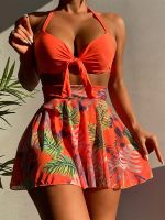 hotx 【cw】 2023 New Print Beach Halter Thong Skirts Three Piece Ladies Swimsuit Biquini Outfits