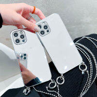 เคสกระจกชุบไฟฟ้า2023จีนใหม่หรูหรา Crossbody พร้อมลูกปัดโลหะเหมาะสำหรับ iPhone 11 12 13 14 Pro Max XR XS 7 8 Plus