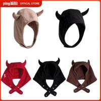 PING3693 สีทึบทึบ หมวกเขาปีศาจ ป้องกันหู รูปร่างเขาวัว หมวกป้องกันหู ตลกๆ สวมใส่ได้ทุกวัน หมวกปีศาจน้อย สำหรับผู้หญิง