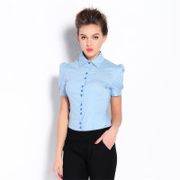 Ruoru European Style High Quality Office Wear Body Shirt Blue Button Office Blouse Formal Work Clothes Blouse Femme Tops Female