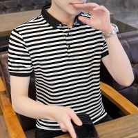 เสื้อยืดผู้ชาย Kaus Polo Garis ฤดูร้อนแขนสั้นเสื้อโปโลลำลองหลวมบาง