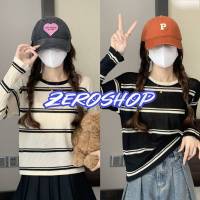 Zero shop?พร้อมส่ง? (Zero-39159) เสื้อไหมพรมทรงหลวม สไตล์เกาหลี แขนยาวลายทาง -C