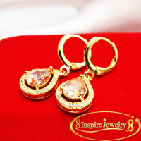 Inspire Jewelry ต่างหูห่วงทองห้อยระย้า รูปเพชรหยดน้ำบุษราคัมอ่อน ล้อมเพชร cz , gold plated ตามภาพ งานแบบร้านทอง งานดี ปราณีต