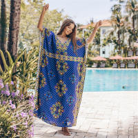 Oversize เสื้อคลุมบิกินี่ Up การพิมพ์ผ้าฝ้าย Tunics Kaftan ฤดูร้อนผู้หญิงชุดกระโปรงผ่า Maxi Beach สวมชุดว่ายน้ำ