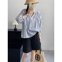 เสื้อเชิ้ต สไตล์เกาหลี สําหรับผู้หญิง korean shirt for women fashion lady blouse blue striped shirts top