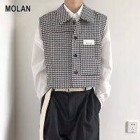 MOLAN เสื้อกั๊กผู้ชาย,เสื้อโค้ทผู้ชายปกป๊อปเสื้อไม่มีกระดุมแถวเดียวอินเทรนด์ง่ายๆสไตล์ฮาราจูกุ