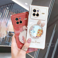 เคสสำหรับ Vivo X80 / X80 Pro 5G พร้อมกระจกแต่งหน้ามีโบว์กรอบสี่เหลี่ยมชุบ6D หรูหราแวววาวของเด็กผู้หญิงเคสมือถือกรอบด้านหลังเป็นซิลิโคน Casing Ponsel กันกระแทก