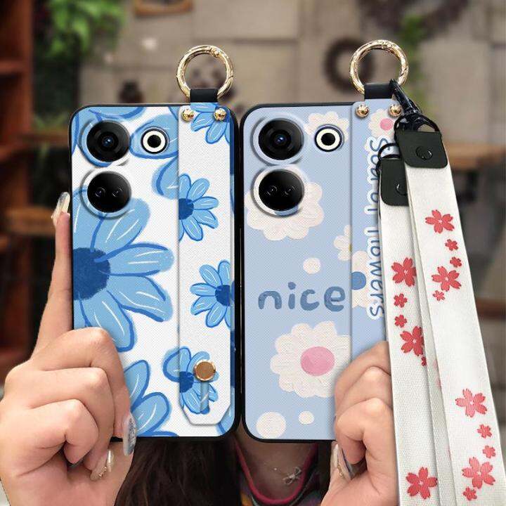 anti-dust-kickstand-phone-case-for-tecno-camon20-pro-4g-ck7n-wrist-strap-lanyard-painting-flowers-shockproof-sunflower