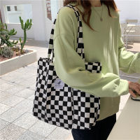 18304 Korean Style Chic Style Large Capacity Canvas Bag Simple Student Shoulder Bag Contrast Color Checkerboard Leopard Print Women Bag