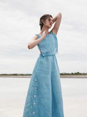 P0015-071 PIMNADACLOSET - Apron Linen Jumpsuit in Light Blue