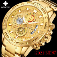 WWOOR 2021 Fashion Mens Watches Top nd Luxury Gold Full Steel Quartz Watch Men Waterproof Sport Chronograph Relogio Masculino