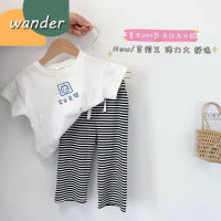 WANDER ชุดเช็ตเด็กผญ เสื้อเด็กหญิง ดีไซน์ลายทางเกาหลี  ชุดเสื้อยืดแขนสั้นผ้าฝ้ายระบายอากาศสำหรับเด็กผู้หญิง + กางเกงขากว้างสองชิ้น2391