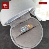 MT แหวนพลอยแท้ บลูโทพาส(Blue Topaz),กรีน อเมทิสต์(Green Amethyst) และซิทริน (Citrine) ตัวเรือนเงินแท้ ชุบทองคำขาว  Gemstone Silver Ring (gr430) ไซส์ : 55, 60 MT Jewelry (มณีธารา)