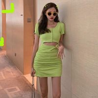 COD tjjs079 FELICELIFE Korean Style Womens Slim Hollow Out O Neck Short Sleeve Knitting Cotton Mini Dress