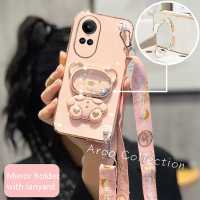 Phone Case เคส OPPO Reno10 Pro + Plus Reno8 Z Reno7 Z 5G เคสนิ่มตัวยึดกระจกแต่งหน้าสไตล์แรคคูนแวววาวแฟชั่นน่ารักป้องกันเลนส์เคสโทรศัพท์พร้อมสายคล้อง