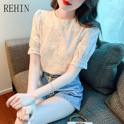 REHIN เสื้อปักแขนสั้นผู้หญิง,เสื้อปักแขนพองหวานวินเทจแฟชั่นคอกลมสไตล์เกาหลีแบบใหม่ฤดูร้อน