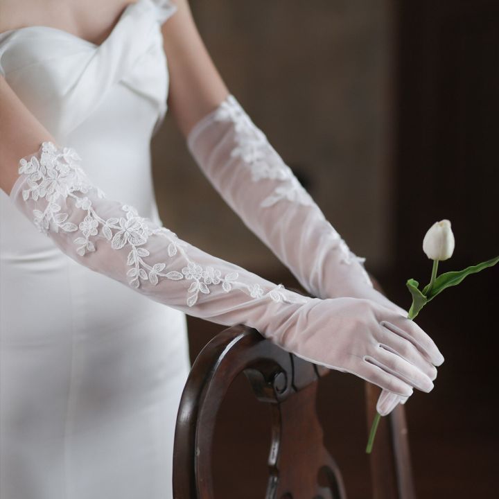 ถุงมือผ้าจับจีบยาวสำหรับงานแต่งงานของผู้หญิงอุปกรณ์ตกแต่งสำหรับเจ้าสาวผ้าผูกเอว-wg067ของขวัญ