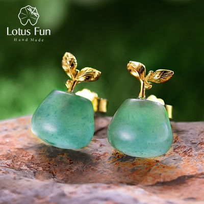Lotus Fun Real 925 Sterling Silver Natural Aventurine Gemstone Fine Jewelry Sprouting in Spring Stud Earrings for Women