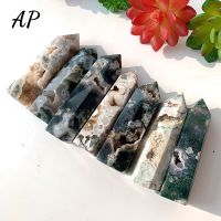 1Pc Natural Crystal Column Water Grass Agate Point With Druzy Moss Jade Quartz Wand Home Decorate