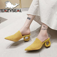 LazySeal 7cm Fretwork Heels Pointed Toe Slippers Women Shoes Stretch Fabric Air Mesh Mules Flip Flop Slip On Slides Plus Size 43