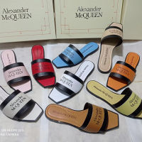 2023 ALEXANDERˉ MCQUEENˉSummer New Womens Slippers Genuine Leather Letter Color Matching One word Slippers for Outer Wear Flat Bottom Casual Slippers