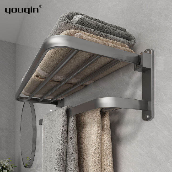 youqin Bathroom Foldable Shelf with Hooks WallMounted Towel Rod for