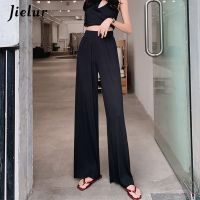 Jielur High Waist Pleated Pants Female S-XXL Thin Simple Loose Straight Women Trousers Black Navy Blue Wide Leg Long Pants