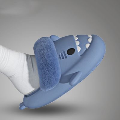 Winter Shark Plush Slippers For Women Man 2022 New Couple Slides Soft Household Cartoon Indoor Antiskid 4cm Thick Sole Slippers