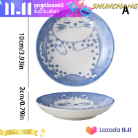 ?SHUNCHANG จานเซรามิกใส่ของหวานสไตล์ญี่ปุ่นสุดสร้างสรรค์ลายการ์ตูนน่ารักโชคดีรูปแมวจานซูชิผลไม้รูปทรงหยดน้ำ