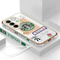 เคสเคสมือถือสำหรับ Vivo V27 5G พร้อมฟรีสายคล้อง + โลโก้ Starbucks แฟชั่นชุบขอบสี่เหลี่ยมฝาหลังนิ่ม