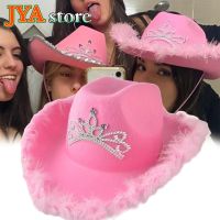 JYA Store หมวกคาวบอยขนสัตว์หมวกคาวบอยสีชมพู,ชุดงานปาร์ตี้คอสเพลย์พร้อมเชือกผูกคอแต่งสำหรับผู้หญิง