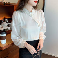 YIGE Retro ปุ่ม Jacquard ซาตินฤดูร้อนอารมณ์แขนยาวเสื้อ Western Elegant เสื้อชีฟองผู้หญิง