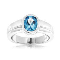 CHRISHA_แหวนเงินแท้ 925 ประดับพลอย สวิส บลูโทแพซ (Swiss Blue Topaz) และเคลือบด้วยทองคำขาว ขนาด 7 *บริการปรับขนาดแหวนฟรี แชทกับร้านก่อนสั่งซื้อ*