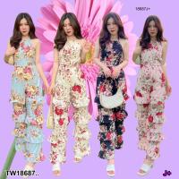 P18687 Jumpsuit จั้มสูทขาระบาย ลายดอกไม้ ..