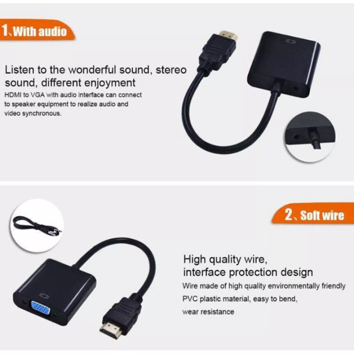 1080P Male HDMI To VGA Female Video Converter Adapter Cable With Audio ...