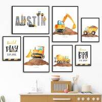 Custom Baby ชื่อรถบรรทุกก่อสร้าง Excavator Nursery Wall Art พิมพ์ภาพวาดผ้าใบ Nordic โปสเตอร์ภาพผนัง Boy Room Decor New