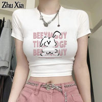 Zhu Xia เสื้อยืดแขนสั้น2023,เสื้อยืดเข้ารูปพอดีพิมพ์คอกลมน่ารักเปิดสั้น Bellybutton ขนาดใหญ่