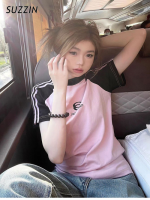 SUZZIN เสื้อยืดสตรีทเรียบง่ายของเด็กผู้หญิงแขนสั้นสีตัดกัน