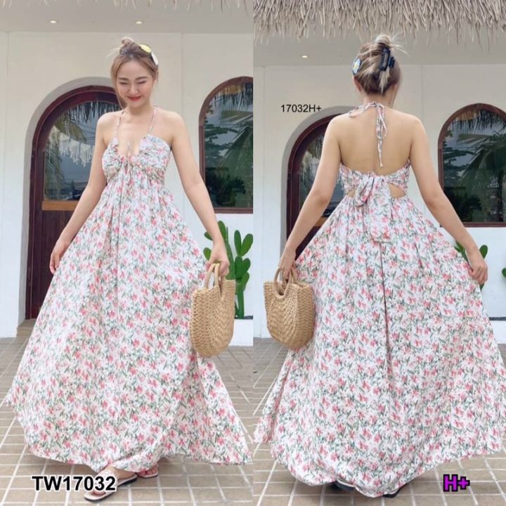 maxi-dress-แม็กซี่เดรส-สายผูกอก-ผูกโบว์คอหลังเอง-ด้านหลัง-ผูกโบว์เอง-ยางยืดหลัง-เนื้อผ้า-ไหมอิตาลี