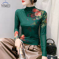 YIMEI เสื้อเชิ้ตตัวเล็กด้านล่างเป็นตาข่ายหนังคอสูงครึ่งแฟชั่นสำหรับผู้หญิงที่มีแขนยาวฤดูใบไม้ร่วงและฤดูหนาวเสื้อไฮเอนด์ใหม่เสื้อยืดพิมพ์ลายสวย