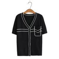 【มีไซส์ใหญ่】Plus Size XL-4XL False Button White Black Tops Women Short Sleeve V-neck Knitted Summer Shirts Oversized Vintage Top