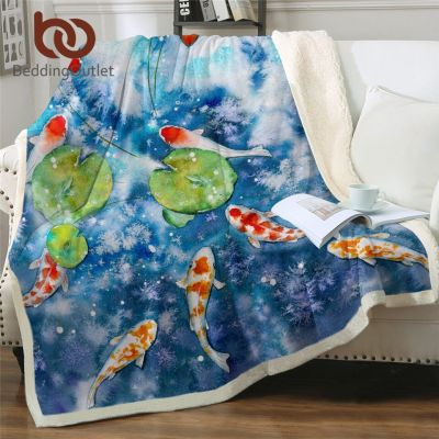 （in stock）BeddingOutlet Carp Sherpa Selimut Bulu Watercolor Carp Blanket Lotus Leaf Throw Custom Unicorn Whale Blanket（Can send pictures for customization）