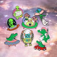 Aliens Astronaut UFO Crocodile Brooches Greetings from aliens Need get home Robot Airship Enamel Pin Lapel Badge for Kid Jewelry