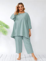 DOIB Women Green Pajamas Set Plus Size Three Quarter Sleeve Loose Casual Sleepwear 2 Pieces Set Nightwear