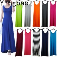 COD SDFGERTYTRRT Yingbao Dress Women Casual Korean Style Summer New Sleeveless Long Home Wear Striped Plain Color Modal Cotton Ladies Beach Plus Size Maxi Young Girls Teenagers Dressess 2021 Comfy