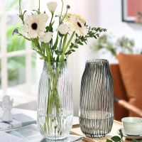 MUJI High-end Scandinavian creative minimalist vertical pattern water plants net red glass vase rich bamboo lily fresh dried flowers living room home decoration