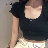 ↂ∏❅ Lovito Casual Plain Button Front T-Shirt for Women LNA02113 (Black) Lovito Kaos Depan Kancing Polos Kasual untuk Wanita