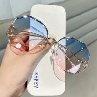 ♧▨ Sunglasses Women Luxury Round Gradient Metal Curved Temples Ladies Shades Eyewear Ocean Rimless Sun Glasses UV400 Oculos De Sol