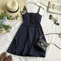 COD ☒♗ imoq55 store Stripes Dress Short Skirt Women 百搭竖条纹高腰修身显瘦系带吊带连衣裙短裙女